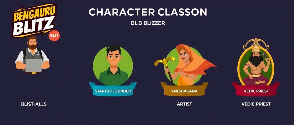 Bengaluru Blitz Character Classes Bengaluru Blitz character selection screen showing various Blitzer classes including Software Engineer, Startup Founder, Yakshagana Artist, and Vedic Priest