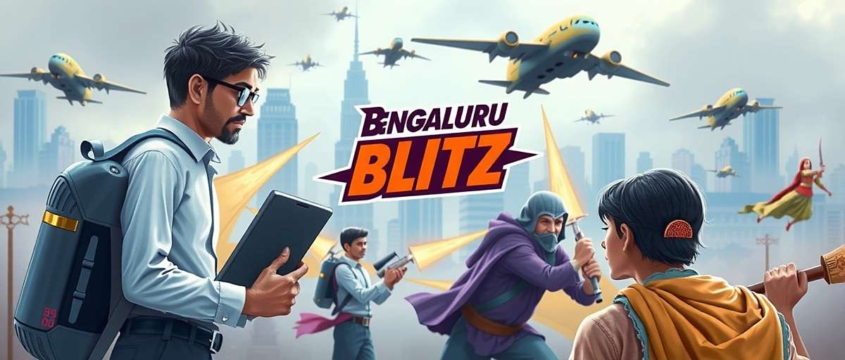 Bengaluru Blitz Official Cover Art Bengaluru Blitz game cover featuring vibrant tech city battle scene with IT professionals and traditional Kannada warriors