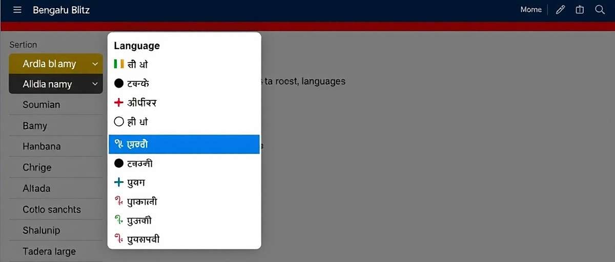Bengaluru Blitz Multi-language Support Bengaluru Blitz language selection screen showing 15+ Indian language options with regional script examples