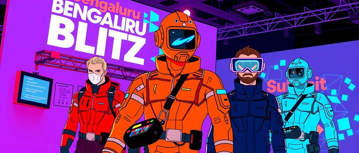 Bengaluru Blitz Tech Summit Event Bengaluru Blitz Bangalore Tech Summit event showing characters in futuristic tech attire with coding interfaces and virtual tech leader appearances